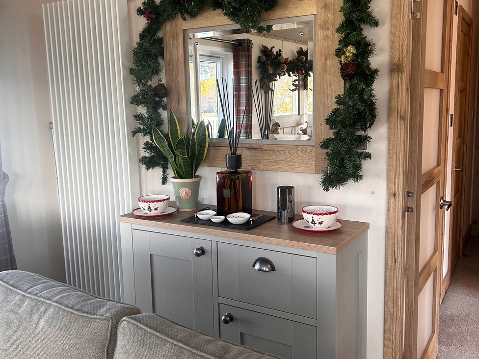 A living room with a sideboard and houseplants at Lakewood Retreat in Woodhall Spa