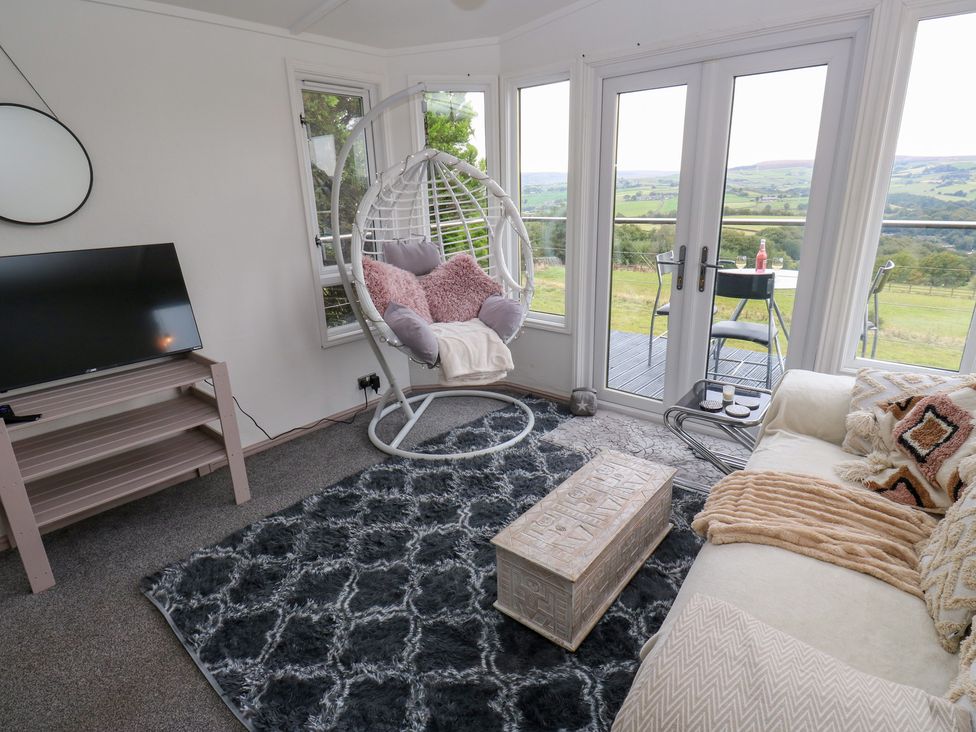 A living room with a hanging chair and television at John's Folly