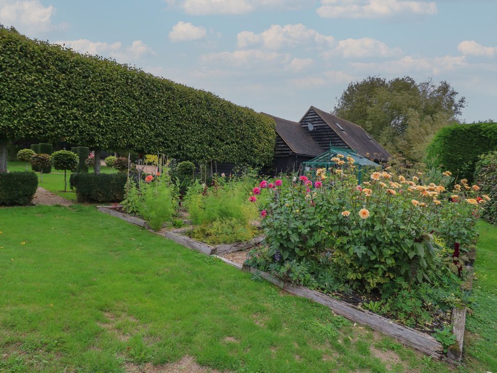A garden with flowers and a wooden shed at The Piggery Maidstone