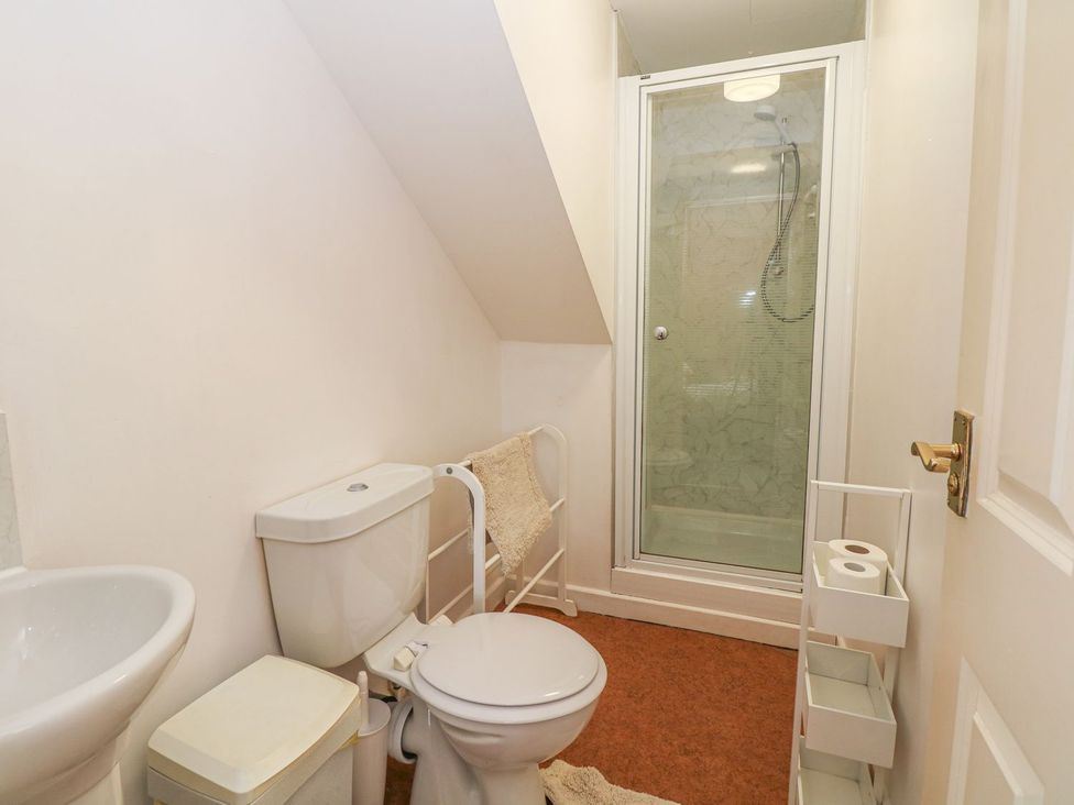 A bathroom with a toilet, sink, and shower at Court House Farmhouse, Charmouth