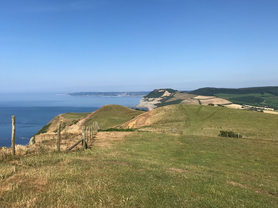 A view of hills and the ocean at Court House Farmhouse in Charmouth