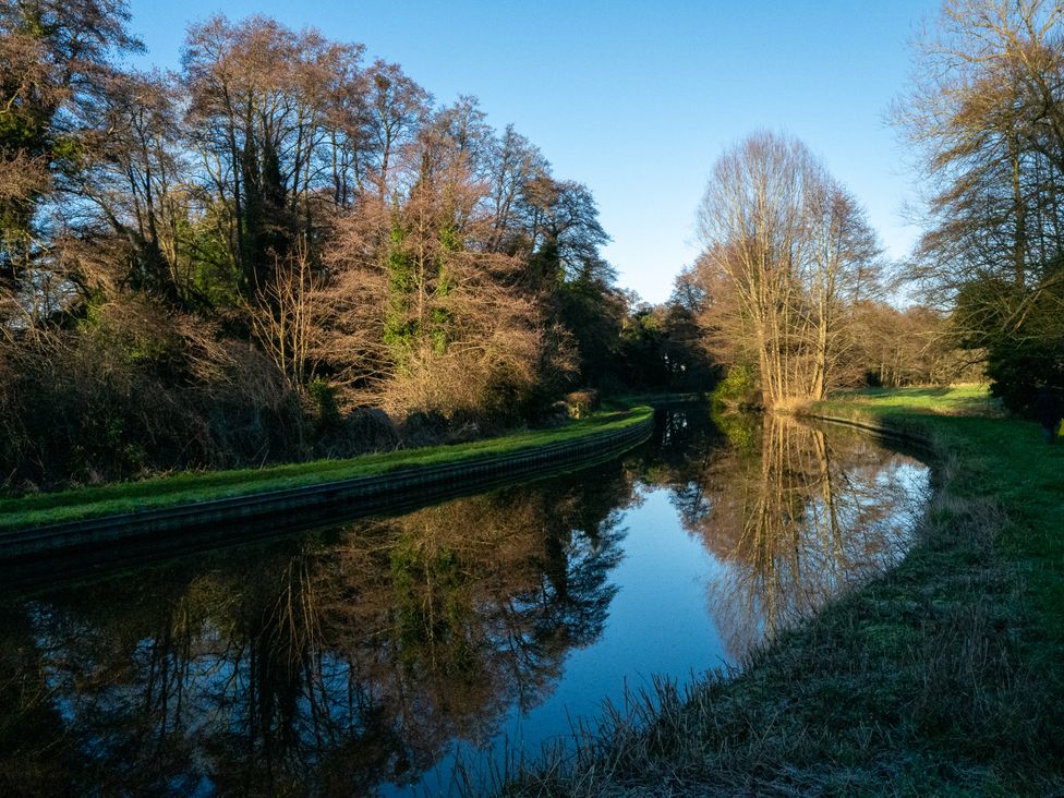 A canal with trees and grass beside it at Nature's Lodge in Kidderminster