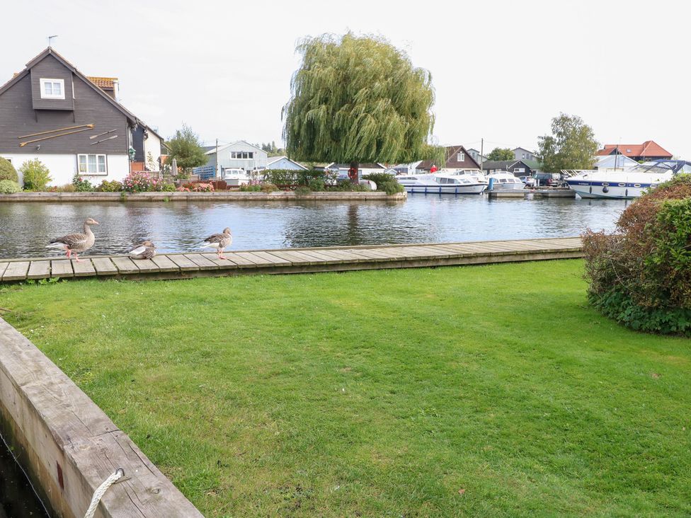 A view of a house next to a river with ducks on a dock and boats in the background at Cotman Cottage, Norwich