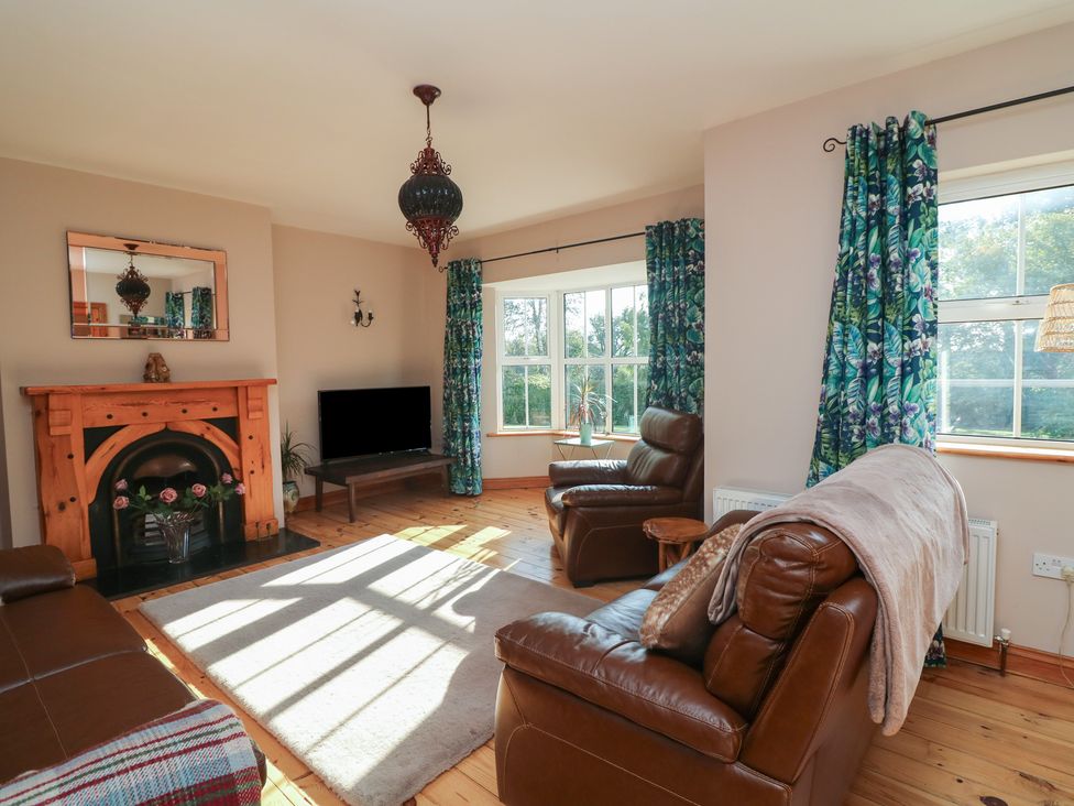 A living room with a fireplace and television at The Lodge Bolinahaney in Bunclody, County Wexford