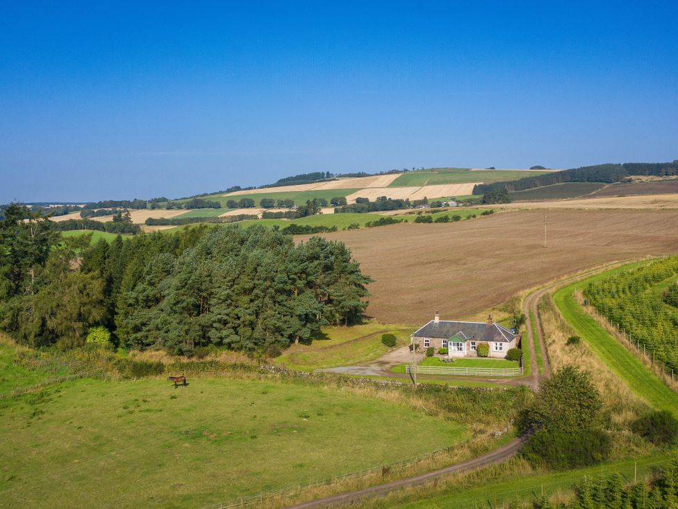 A house surrounded by fields and trees at Clayhills Cottage in Blairgowrie