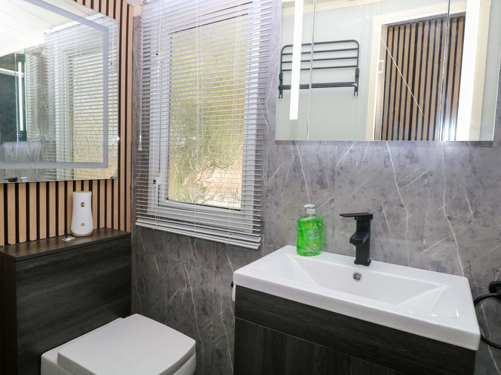 A bathroom with a sink, toilet and mirror at Wild Duck Holiday Park, Belton, Norfolk