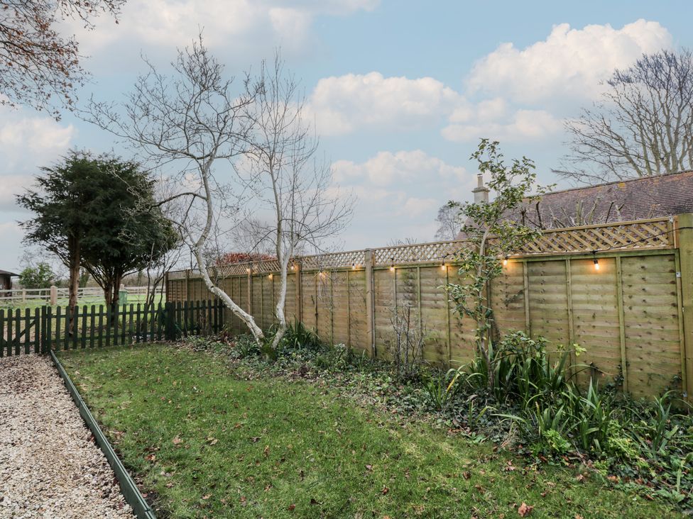 A garden with a wooden fence and trees at Maud Heath's Snug in Chippenham