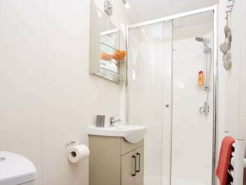 a bathroom with a shower, sink, and mirror at Shorefield Country Park - Holiday Accommodation 15558 in Milford On Sea