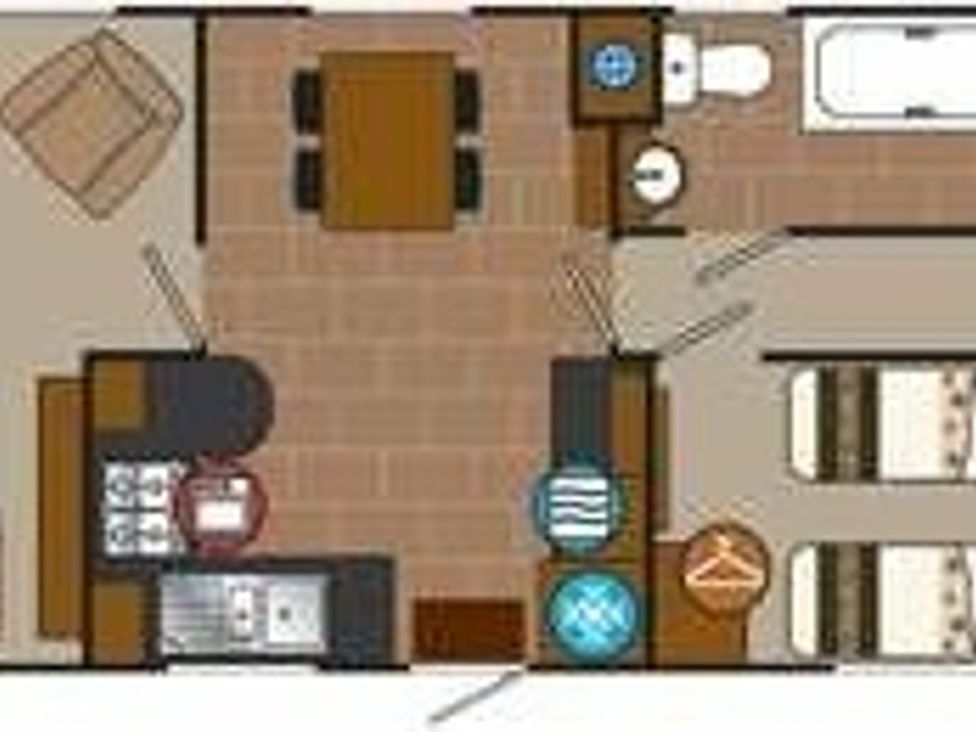 a floor plan showing a kitchen, dining area, bathroom, and two bedrooms at Chesil Beach Holiday Park - Holiday Accommodation 16933 in Weymouth