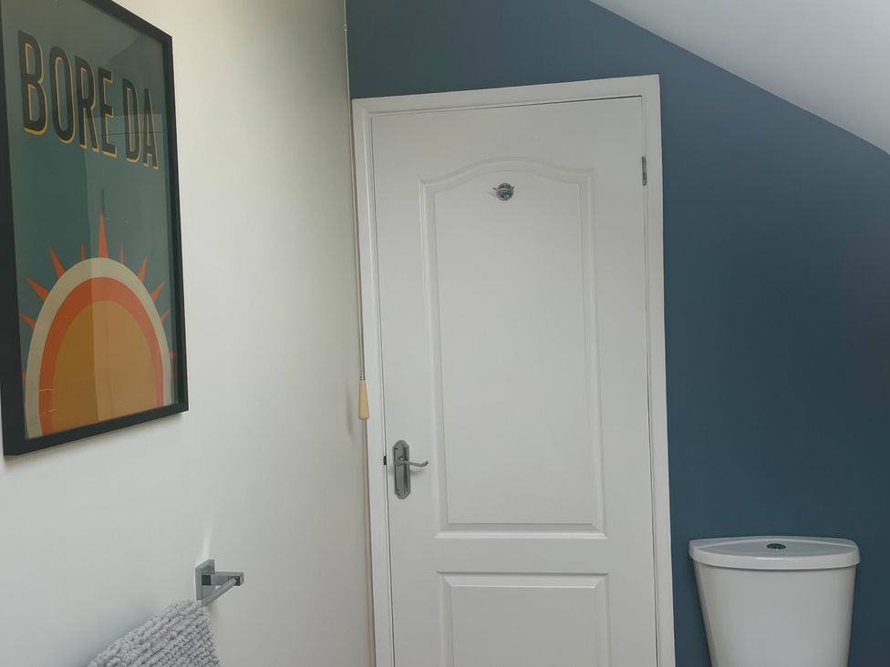 A bathroom with a door and toilet at Fron-Haul near Llansantffraid-Ym-Mechain