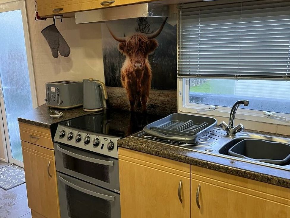 a kitchen with wooden cabinets, a stove, a sink, and a cow mural at Three Lochs Holiday Park - Holiday Accommodation 17424, Stranraer