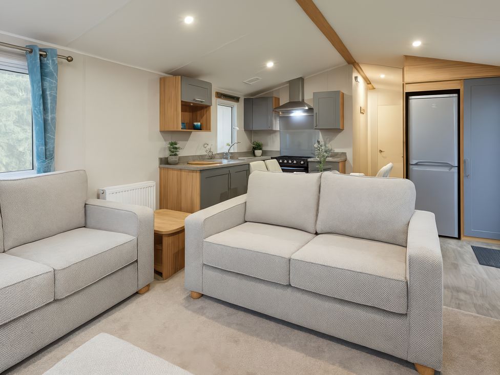 A living room with a sofa and kitchen area at Marton Mere Holiday Village - Holiday Accommodation 17890, Blackpool