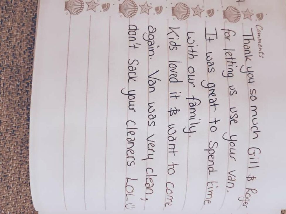 a handwritten note expressing gratitude for using a van at Golden Sands Holiday Park - Holiday Accommodation 18951, Dawlish