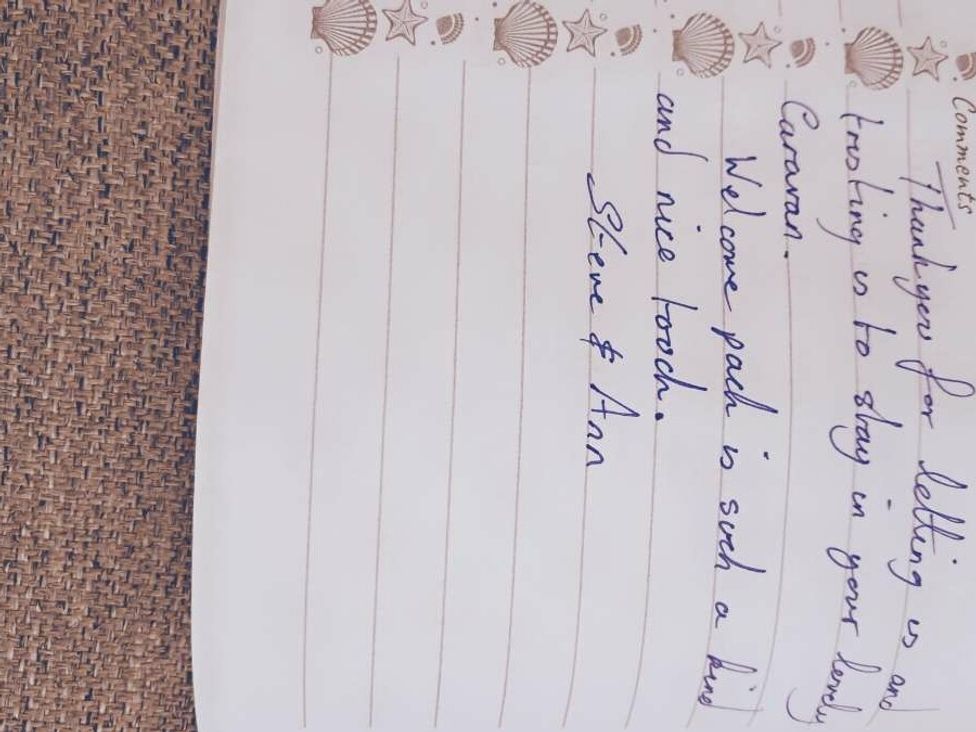 a note with a thank you message on lined paper at Golden Sands Holiday Park - Holiday Accommodation 18951, Dawlish