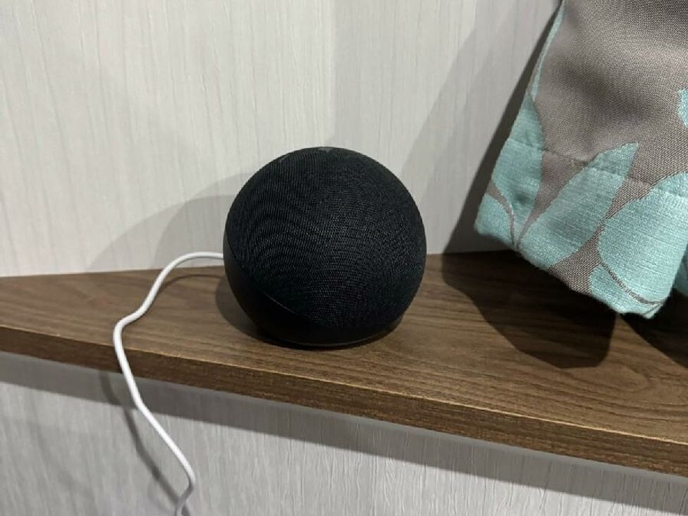 a black spherical smart speaker on a wooden shelf at Butlins Skegness - Holiday Accommodation 21028, Skegness