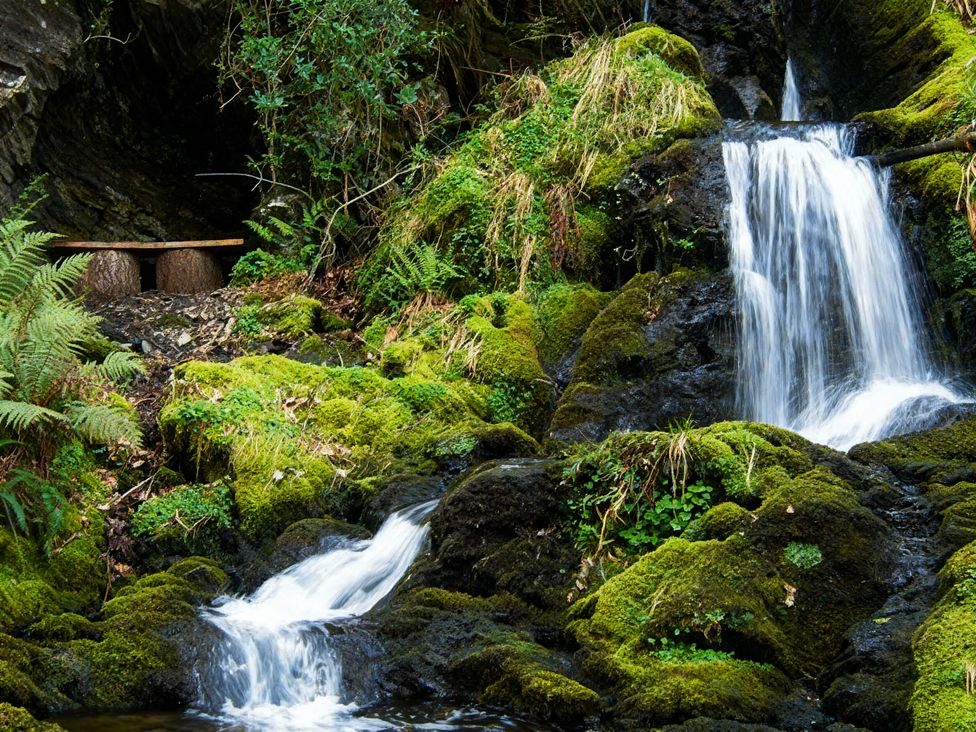 A waterfall surrounded by rocks and ferns at Aberdunant Hall Holiday Park - Holiday Accommodation 21962 Prenteg