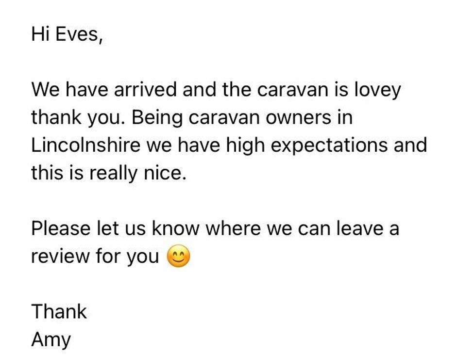 a letter expressing gratitude for a caravan stay from Amy to Eves at Liskey Hill Caravan Park - Holiday Accommodation 3043, Perranporth
