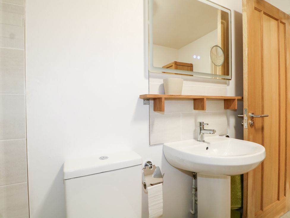 A bathroom featuring a sink, toilet, and mirror at The Bullpen in West Tytherley