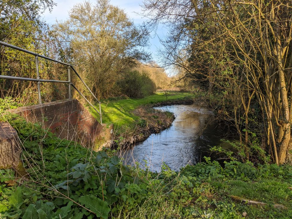 A stream with railings and trees at The Bullpen in West Tytherley
