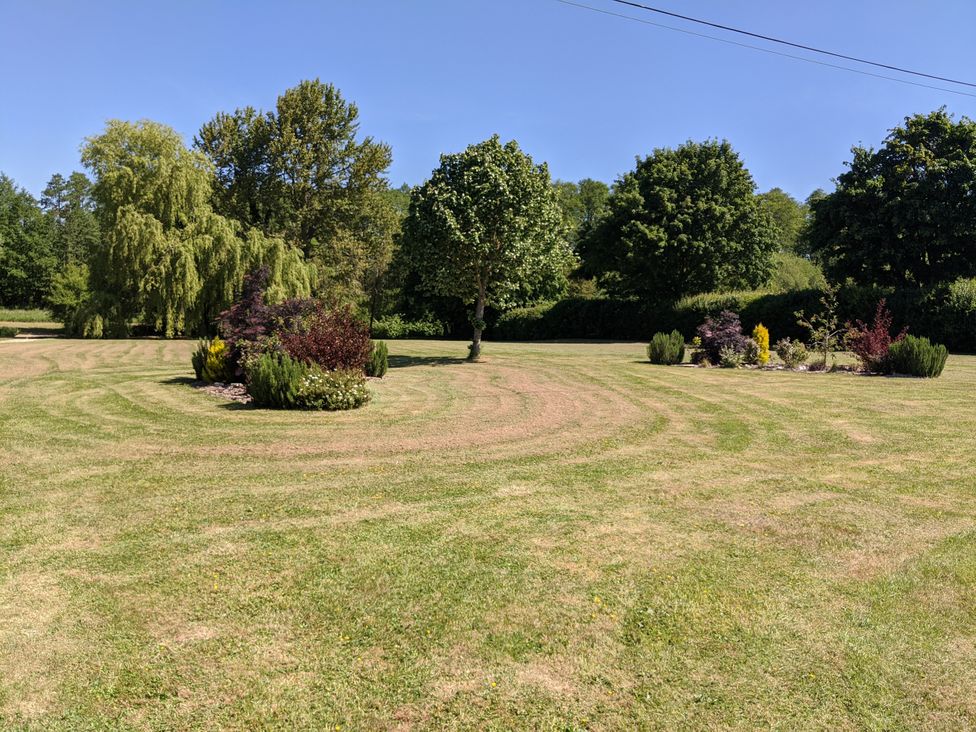 A garden with grass and trees at The Bullpen in West Tytherley