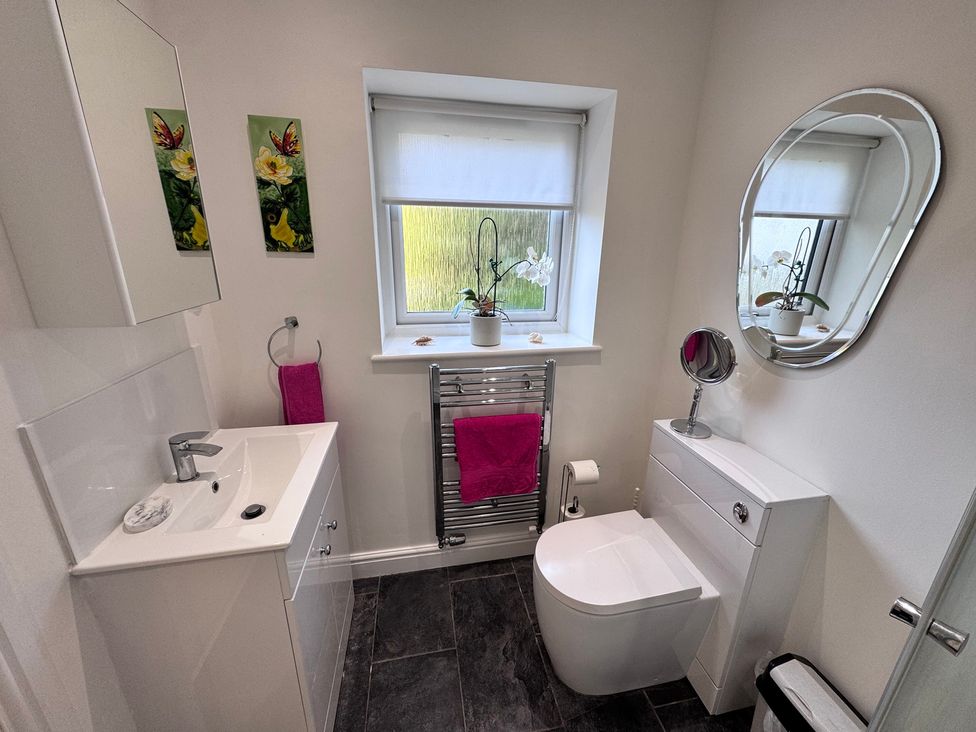 A bathroom with a sink and toilet at Ty Nain in Bodorgan