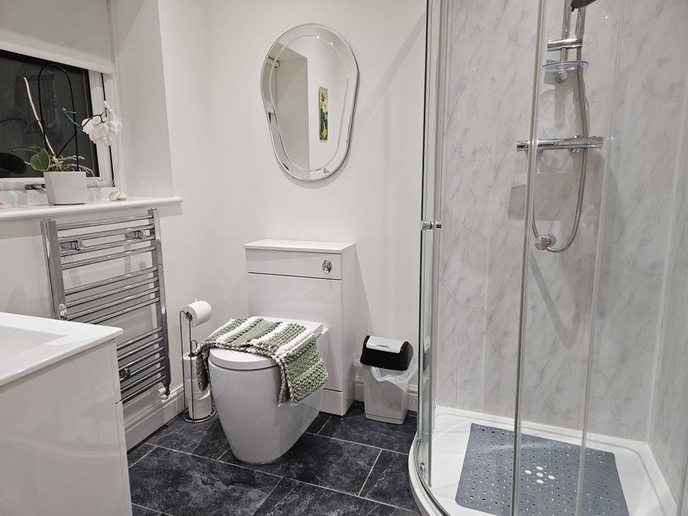 A bathroom with a toilet, sink, and shower at Ty Nain in Bethel
