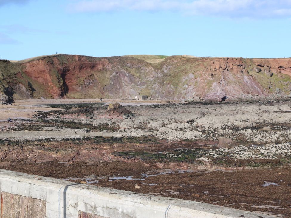 A rocky shore with cliffs and a small building at Bridle Cottage in Cockburnspath