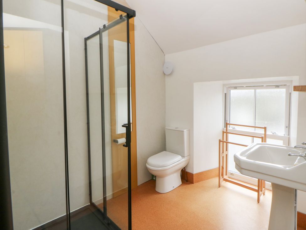 A bathroom with shower, toilet, and sink at Fronglyd in Aberporth