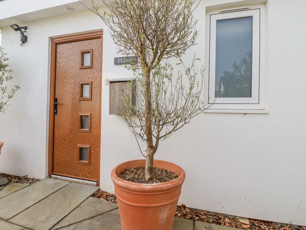 An entrance with a door, window, and plant at Hillbre in Trevone