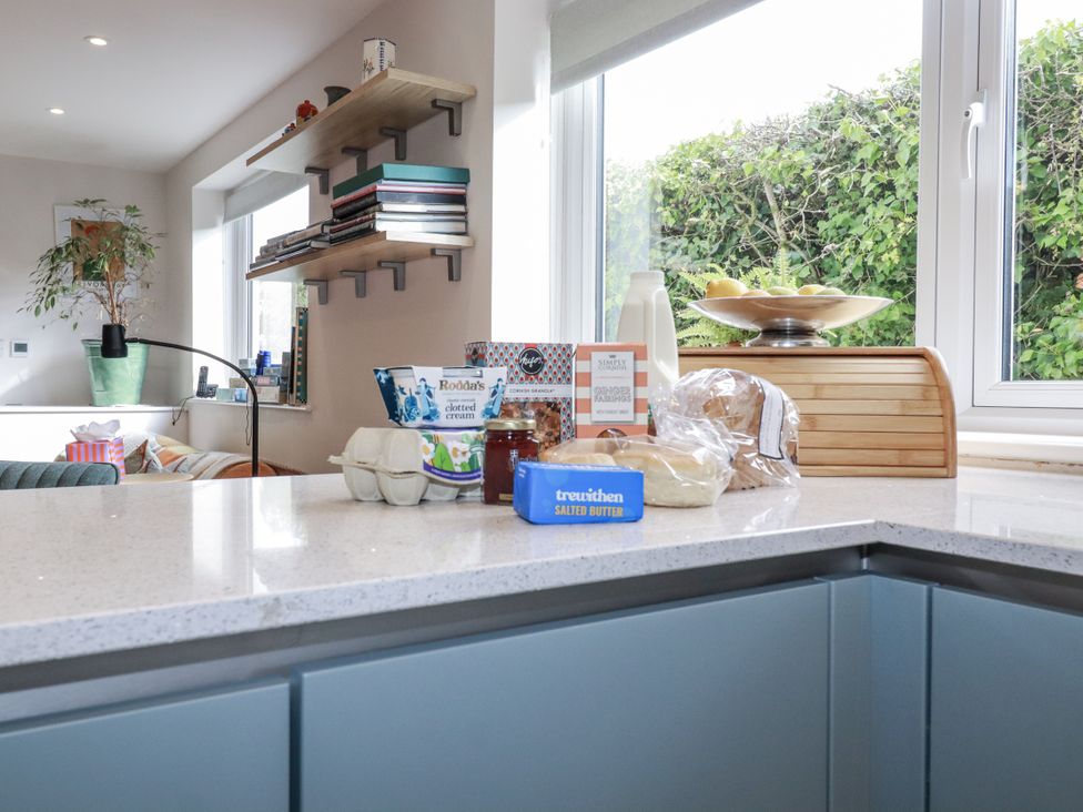 A kitchen with food items on the countertop at Hillbre in Trevone