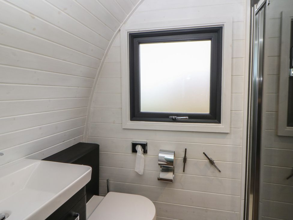 A bathroom with a sink, toilet, and shower at Garden Lodge 1 in Swansea