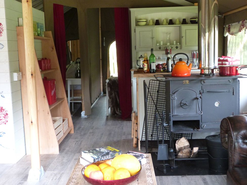 A kitchen with a stove and kettle at Ceri in Newcastle Emlyn