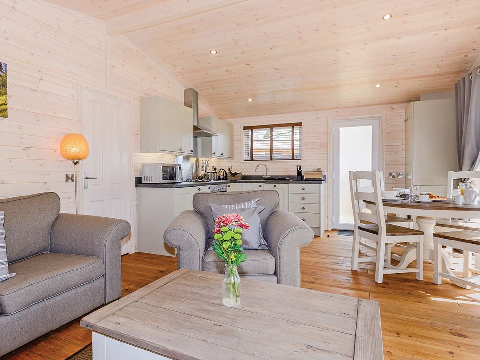 A kitchen with a sofa and dining area at Typhoon Lodge in Winchester