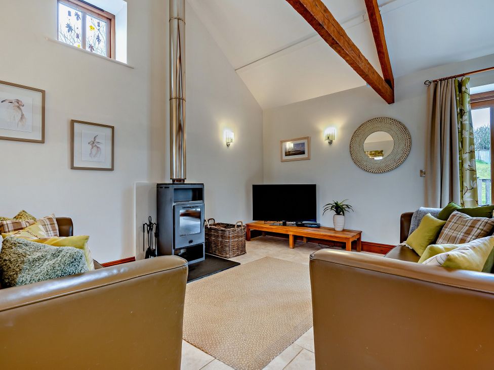A living room with a stove and television at Barley Park in Marhamchurch