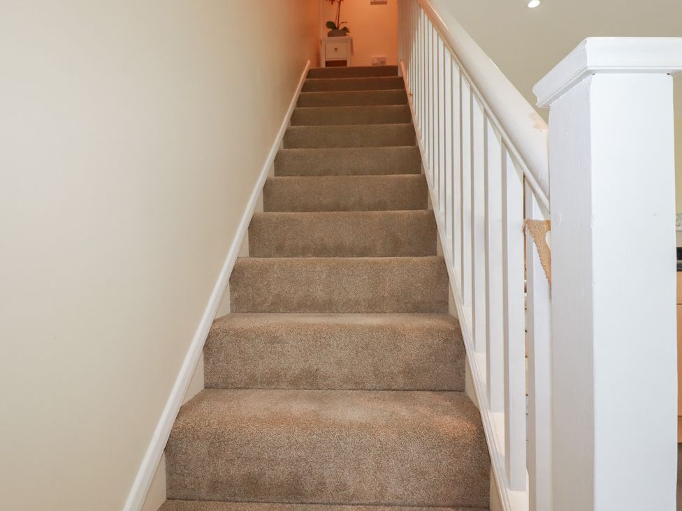 A staircase with carpet and a plant at Poolside, Atlantic Reach resort, near St Columb Major