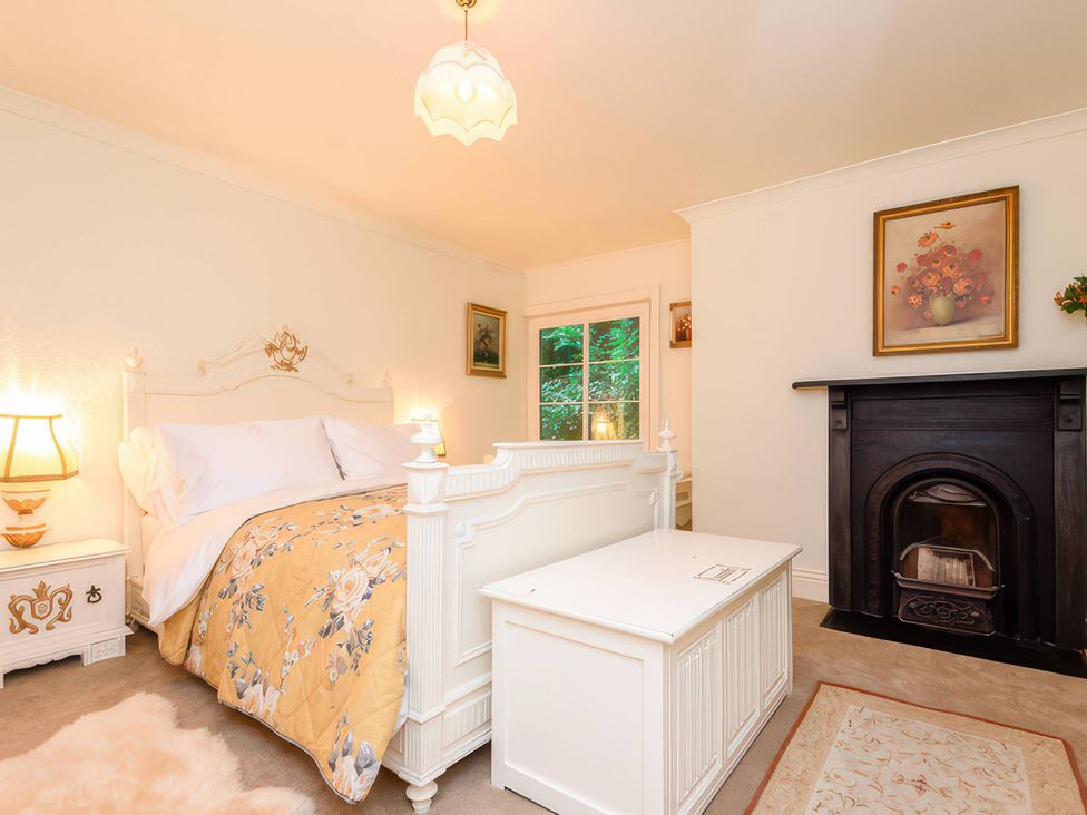 A bedroom with a bed and a fireplace at Ladye Park in Liskeard