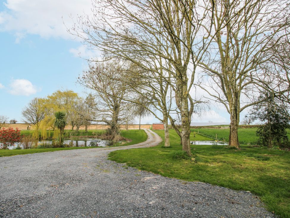 A pathway beside trees and a pond at Garden Cottage in Cockshutt