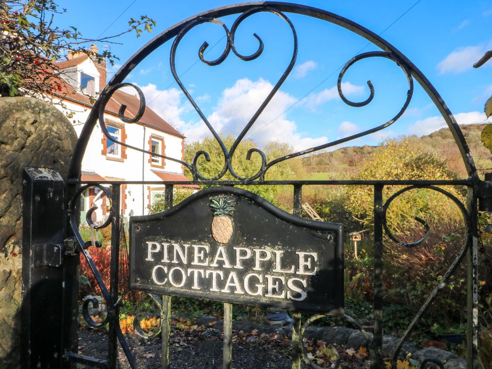 A gate with a sign for Pineapple Cottages in a rural setting
