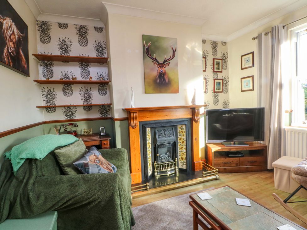 A living room with a fireplace and television at Pineapple Cottage