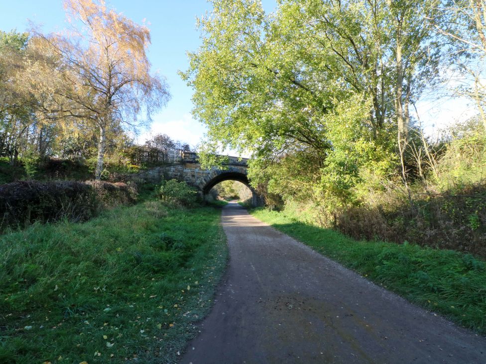 A path leading under a bridge with trees beside it at Pineapple Cottage