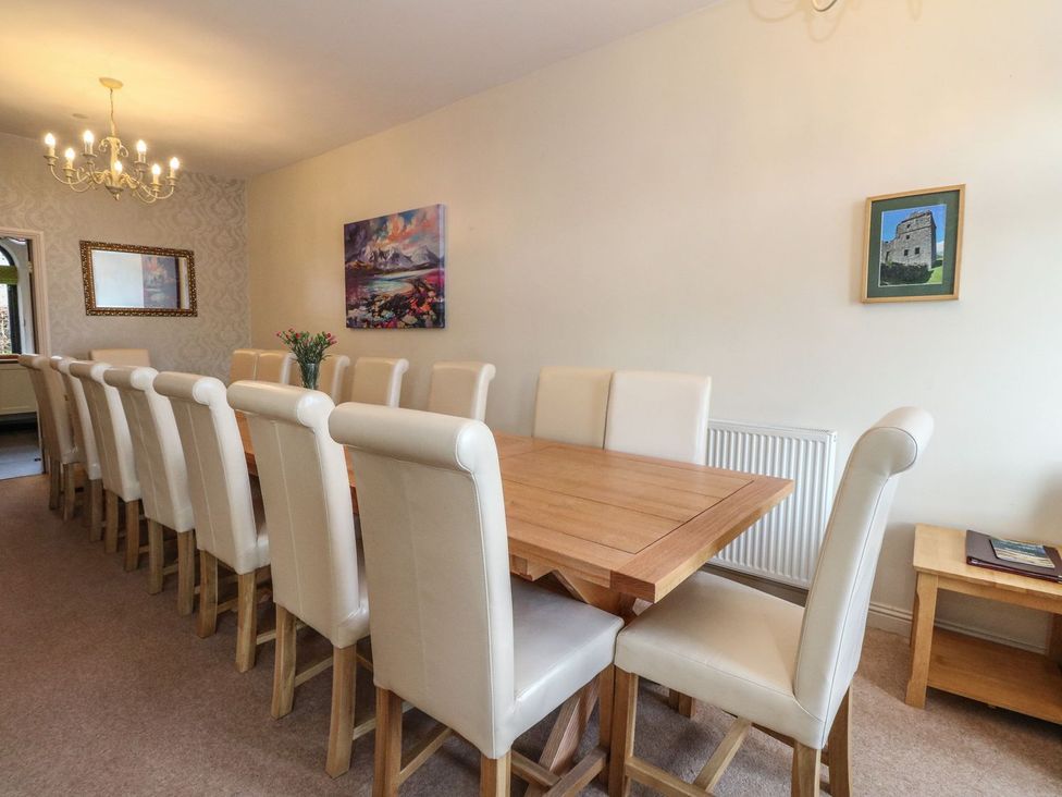 A dining room with a long table and chairs at Newton Hall in Inveraray