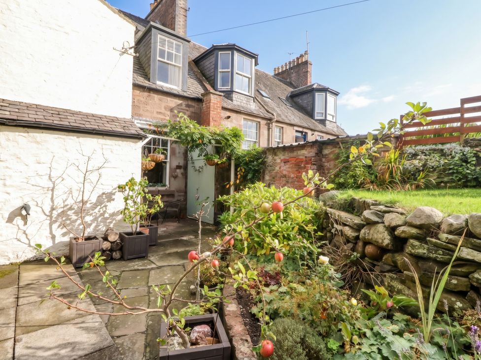 A garden with plants and a stone pathway at Rowan Tree House in Brechin