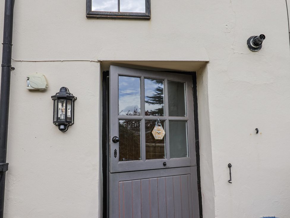 An exterior view of a gray door and light fixture at Rushmoor Cottage Colaton Raleigh