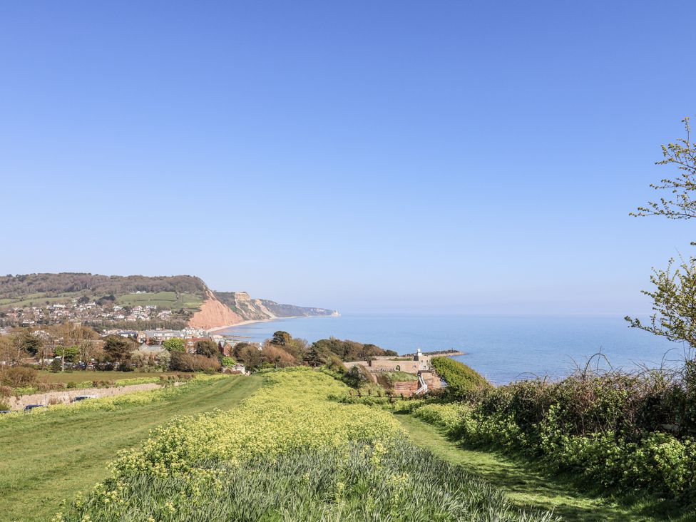 A coastal landscape view with cliffs and ocean at Rushmoor Cottage Colaton Raleigh