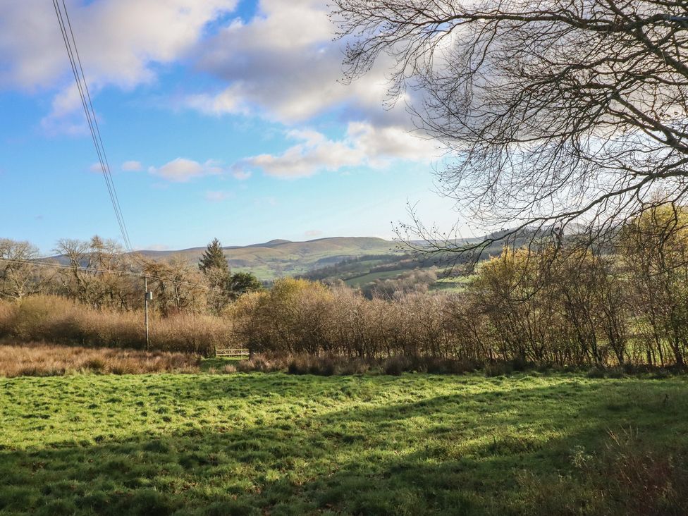 A landscape view with hills and trees at 1 Fron Uchaf Parc near Bala