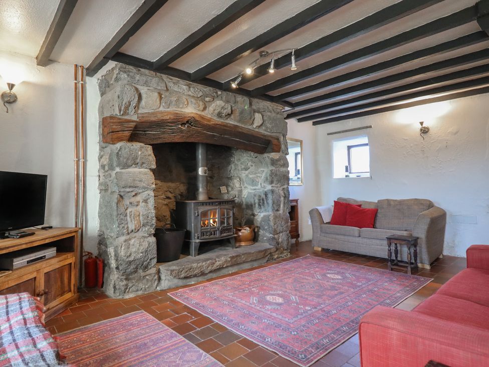 A living room with a fireplace, sofa and coffee table at 1 Fron Uchaf in Parc near Bala