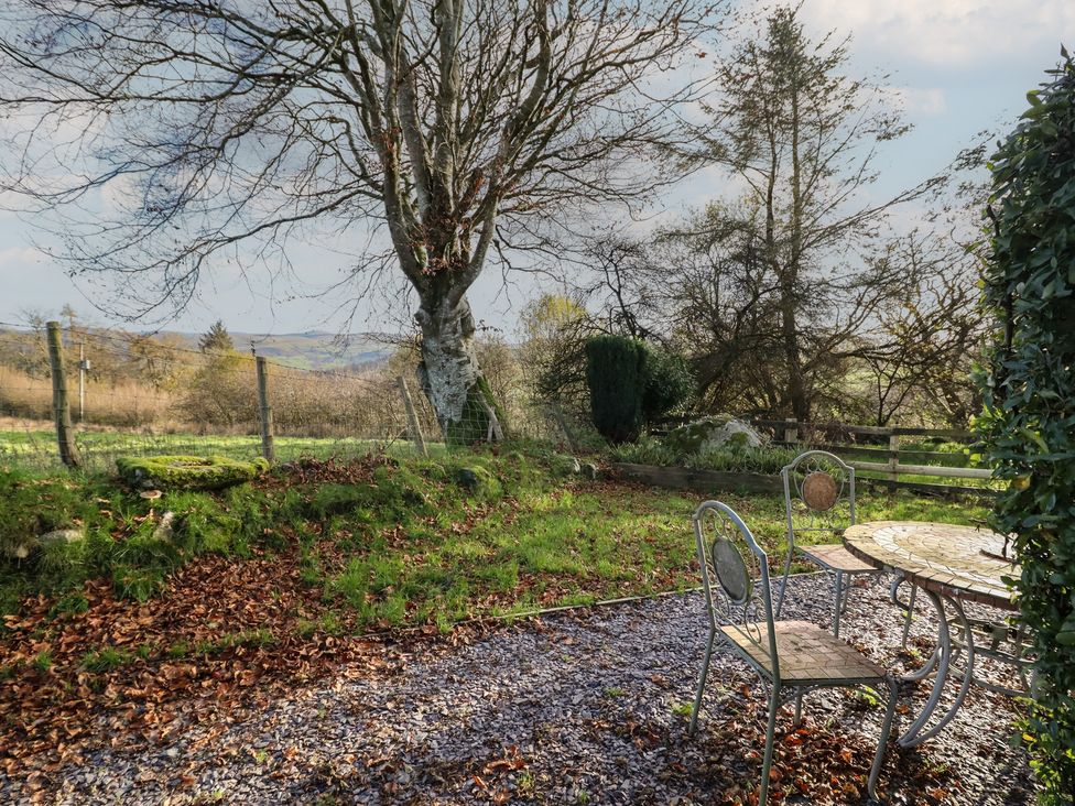 A garden with a table and chairs at 1 Fron Uchaf in Parc near Bala