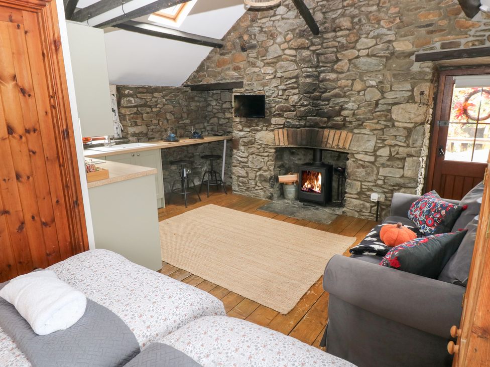 A living room with a sofa and fireplace at Glas Studio Aberdare