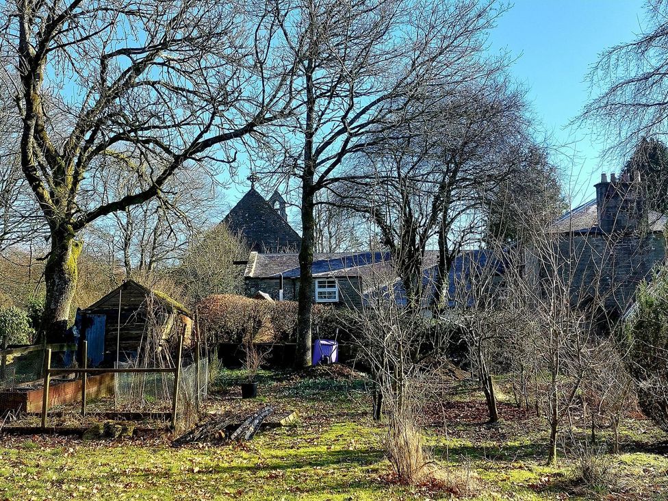 A garden with trees and shed at The Coach House- Canonbie in Canonbie near Langholm