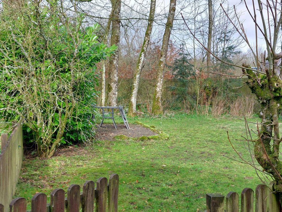 A garden with a swing set and trees at The Coach House- Canonbie near Langholm
